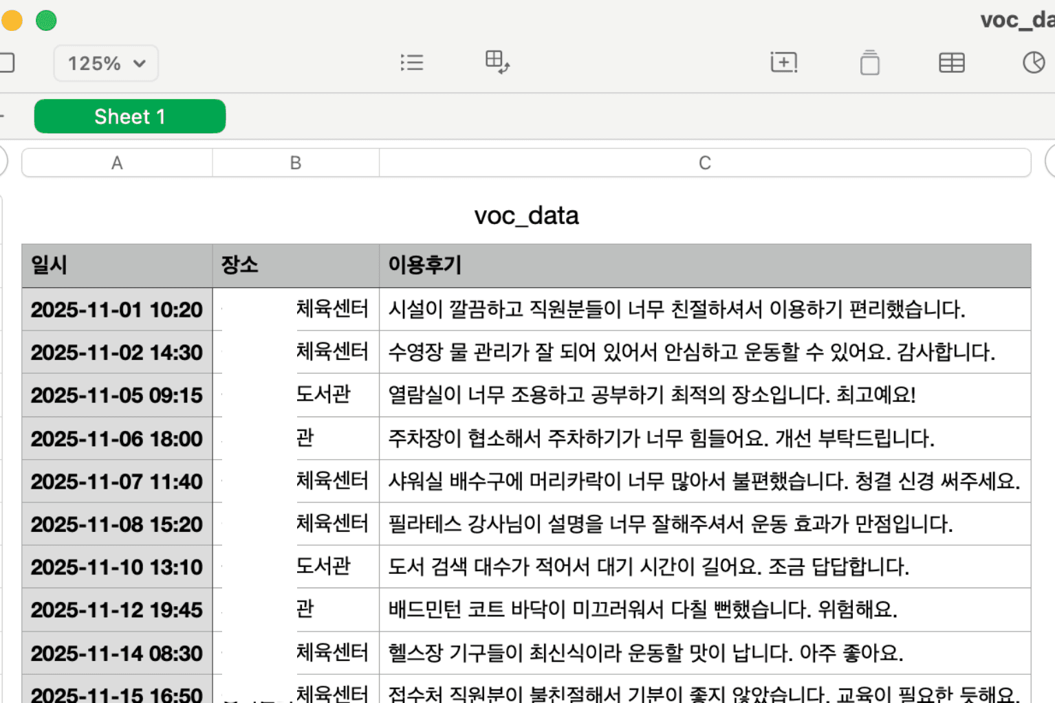데이터분석 대시보드 프로그램을 만들기 위해 만든 가상의 VoC 데이터