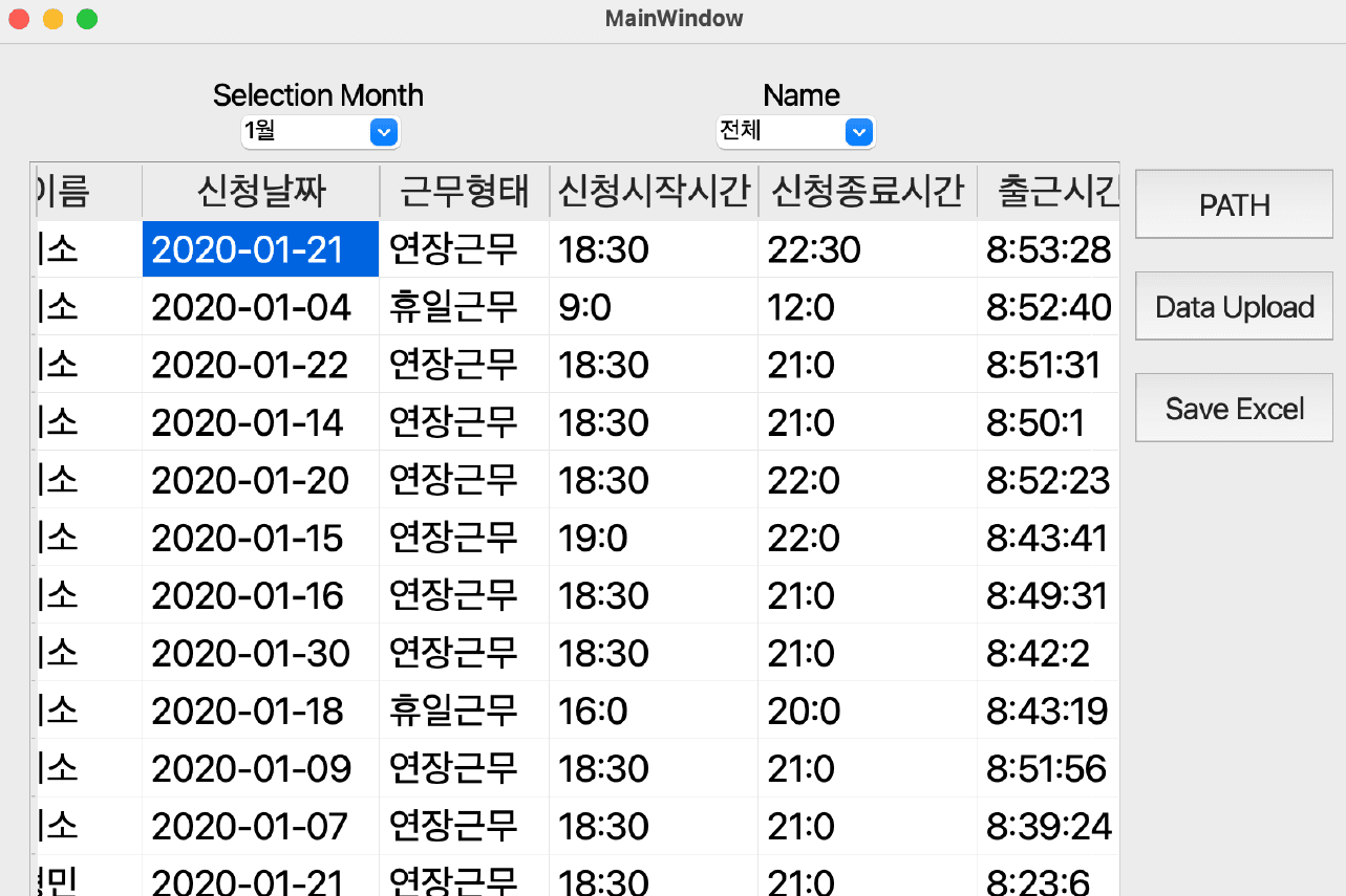 PATH 버튼을 눌러 Raw File이 위치를 지정하고, 해당 월을 선택한 뒤, Data Upload 버튼을 누르면 그 달의 모든 임직원의 근태상태가 업로드 됨. 결측치의 위치 등을 확인하여 데이터 검증 단계를 거침