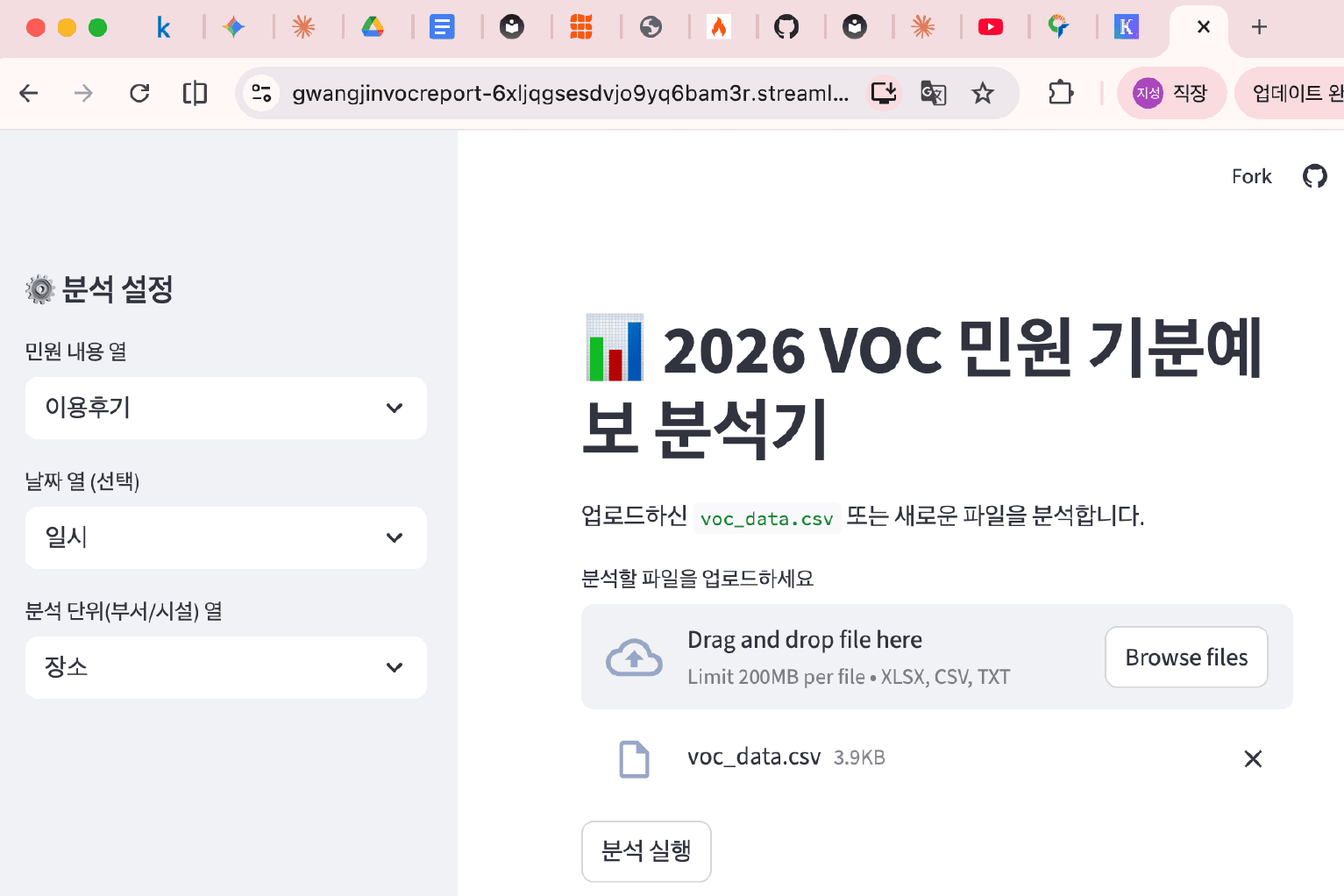 VoC가 포함된 엑셀 데이터를 업로드하고, 분석 실행 버튼을 누르면 분석이 진행됨